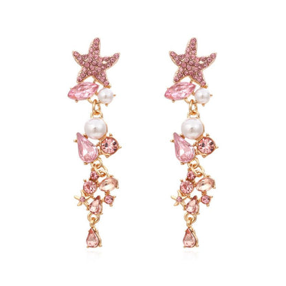 Exaggerated Long Diamond Starfish Pearl Earrings-Jewearrings