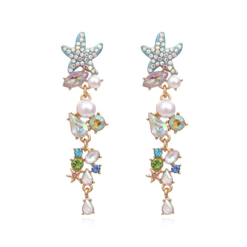 Exaggerated Long Diamond Starfish Pearl Earrings-Jewearrings