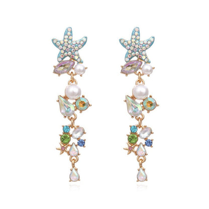 Exaggerated Long Diamond Starfish Pearl Earrings-Jewearrings