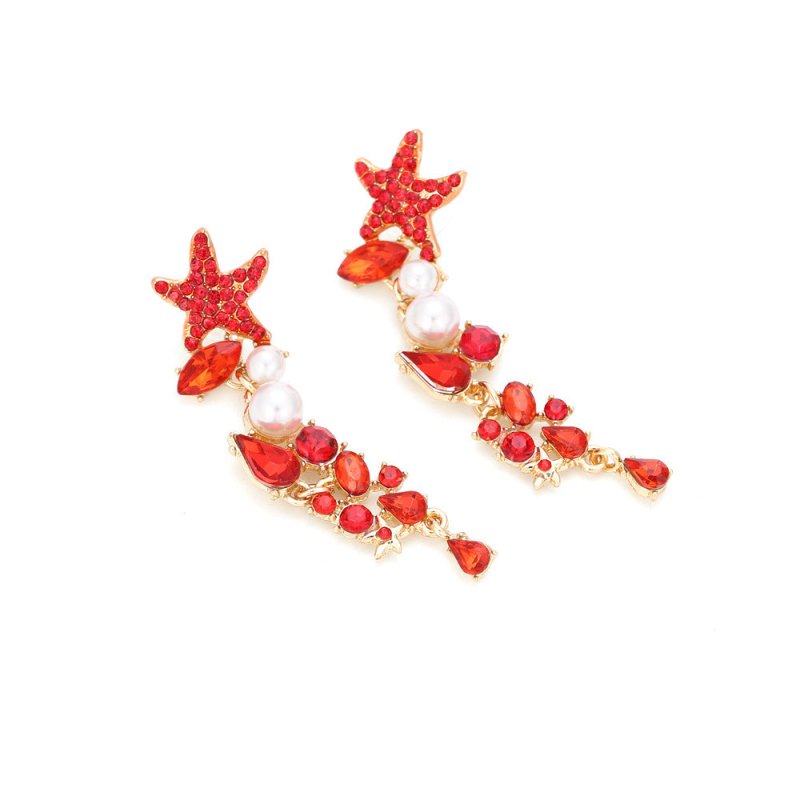 Exaggerated Long Diamond Starfish Pearl Earrings-Jewearrings