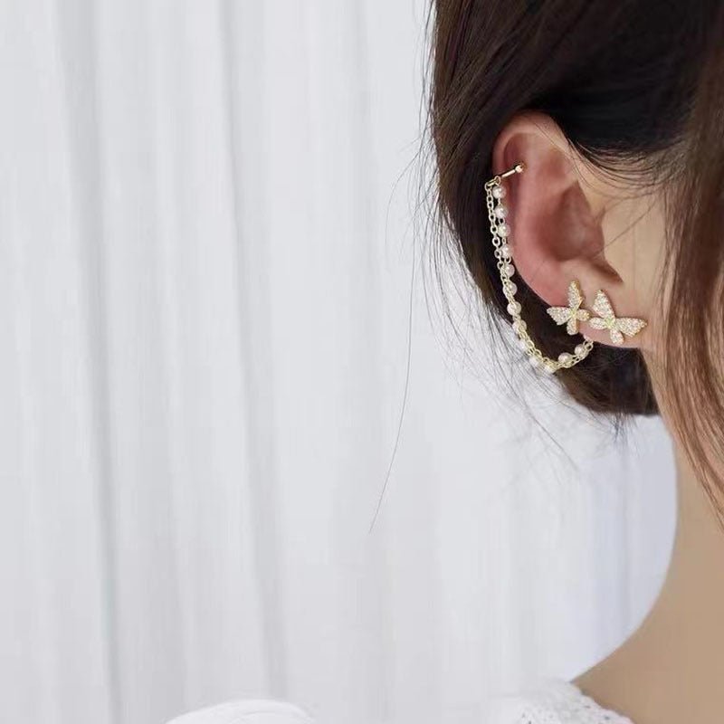 Explosive Pearl Chain Tassel Earrings Ear Bone Clip-Jewearrings