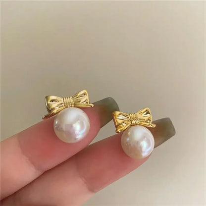 Exquisite Mini French Vintage Pearl Bow Earrings-Jewearrings