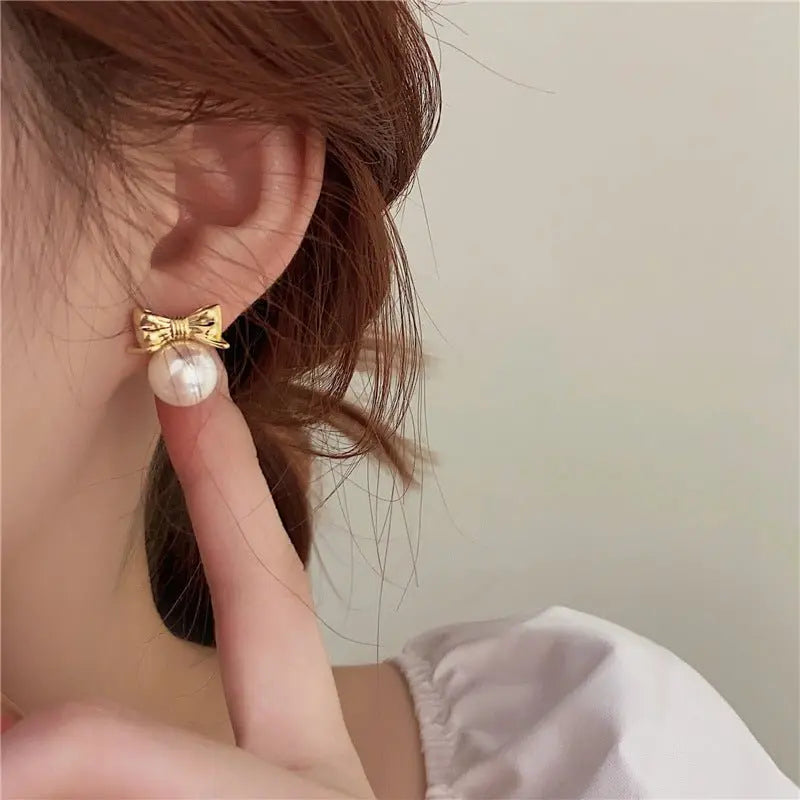 Exquisite Mini French Vintage Pearl Bow Earrings-Jewearrings