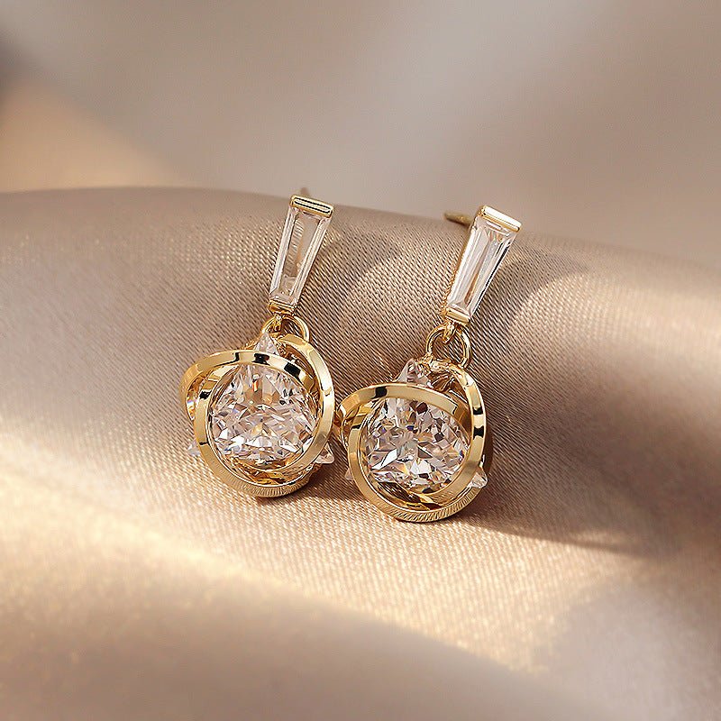 Exquisite Triangular Zircon Pendant Earrings Round Cross Gold Color Ear Stud Women Wedding Party Jewelry Gift-Jewearrings