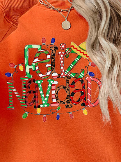 FELIZ NAVIDAD Round Neck Drop Shoulder Sweatshirt-Jewearrings