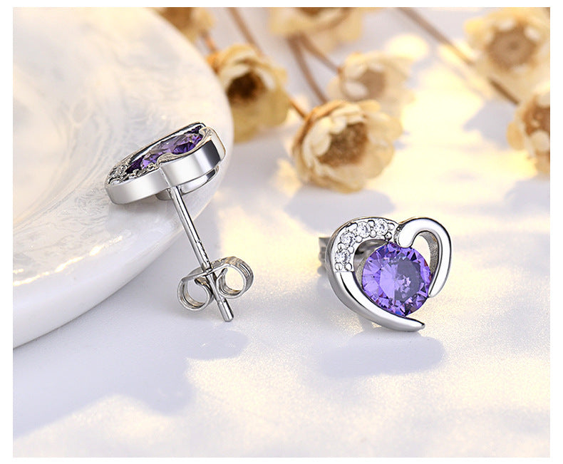 Female S925 Sterling Silver Needle Love Heart Stud Earrings-Jewearrings