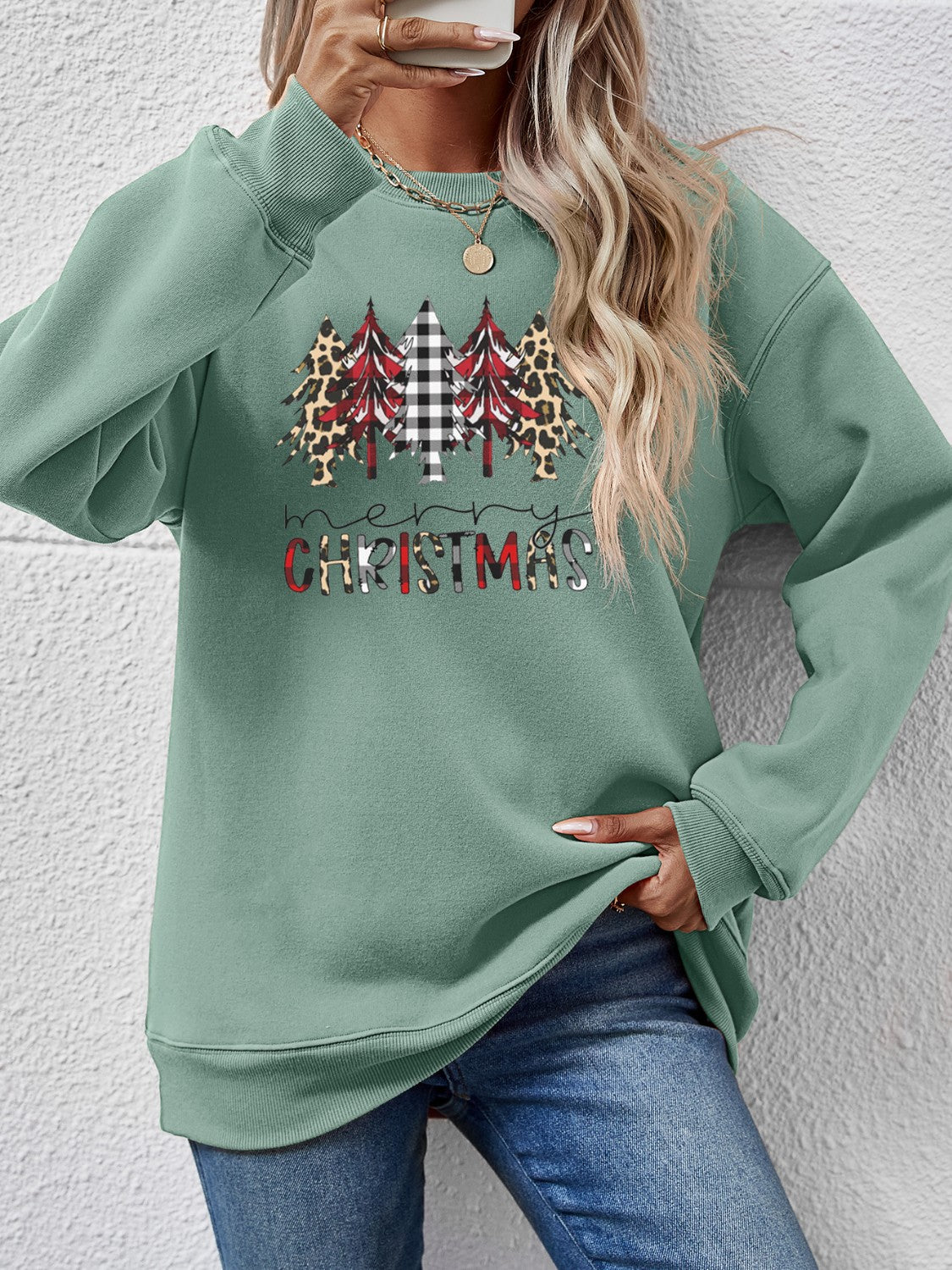 MERRY CHRISTMAS Round Neck Long Sleeve Sweatshirt-Jewearrings