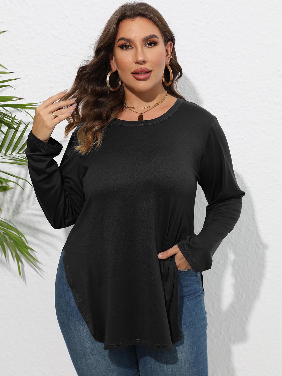 Plus Size Round Neck Long Sleeve Slit T-Shirt-Jewearrings