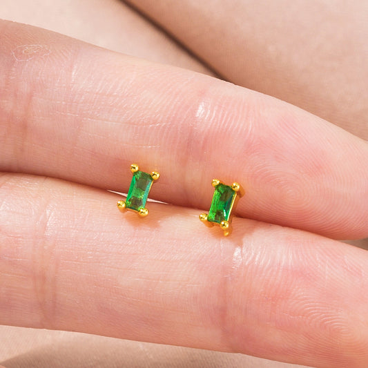 European and American mini rectangular small zircon earrings emerald green cold wind mini temperament earrings earrings-Jewearrings