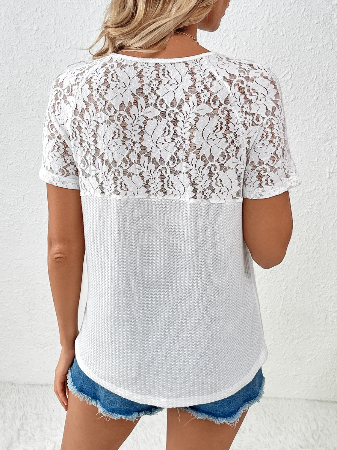 Lace Detail V-Neck Short Sleeve T-Shirt-Jewearrings