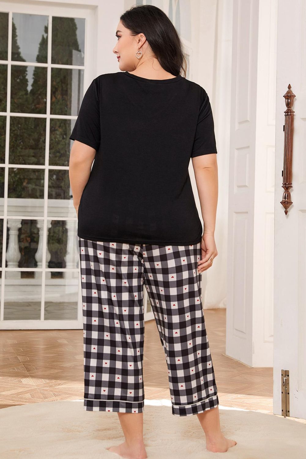 V-Neck Tee and Plaid Cropped Pants Lounge Set-Jewearrings