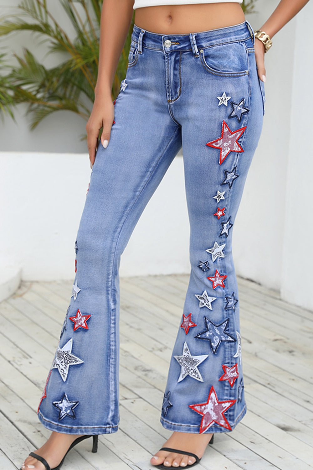 Full Size Star Applique Wide Leg Jeans-Jewearrings