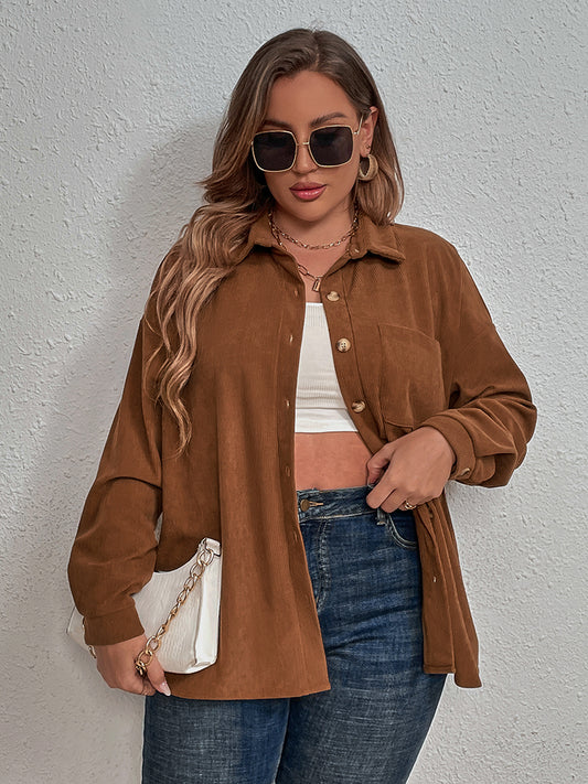 Plus Size Collared Neck Long Sleeve Shirt-Jewearrings