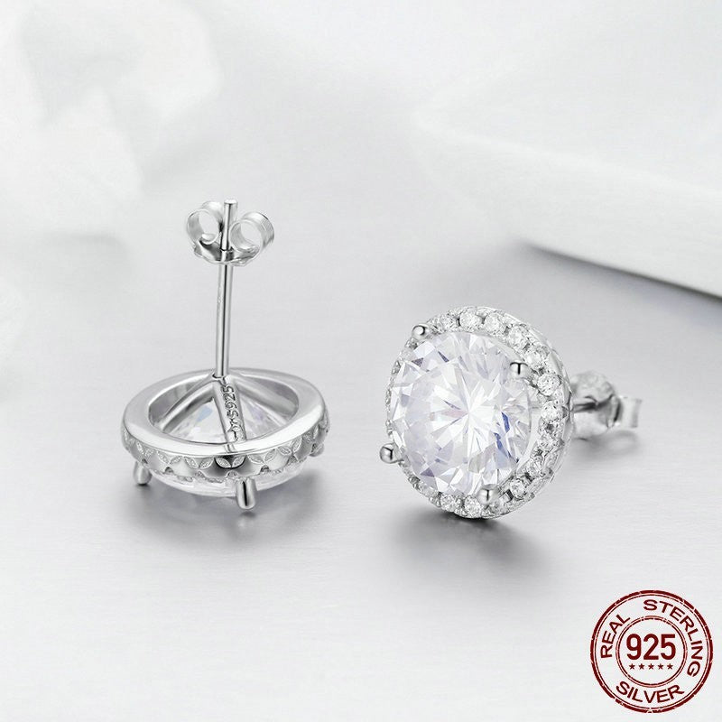 Simple Round S925 Sterling Silver Zircon Stud Earrings-Jewearrings