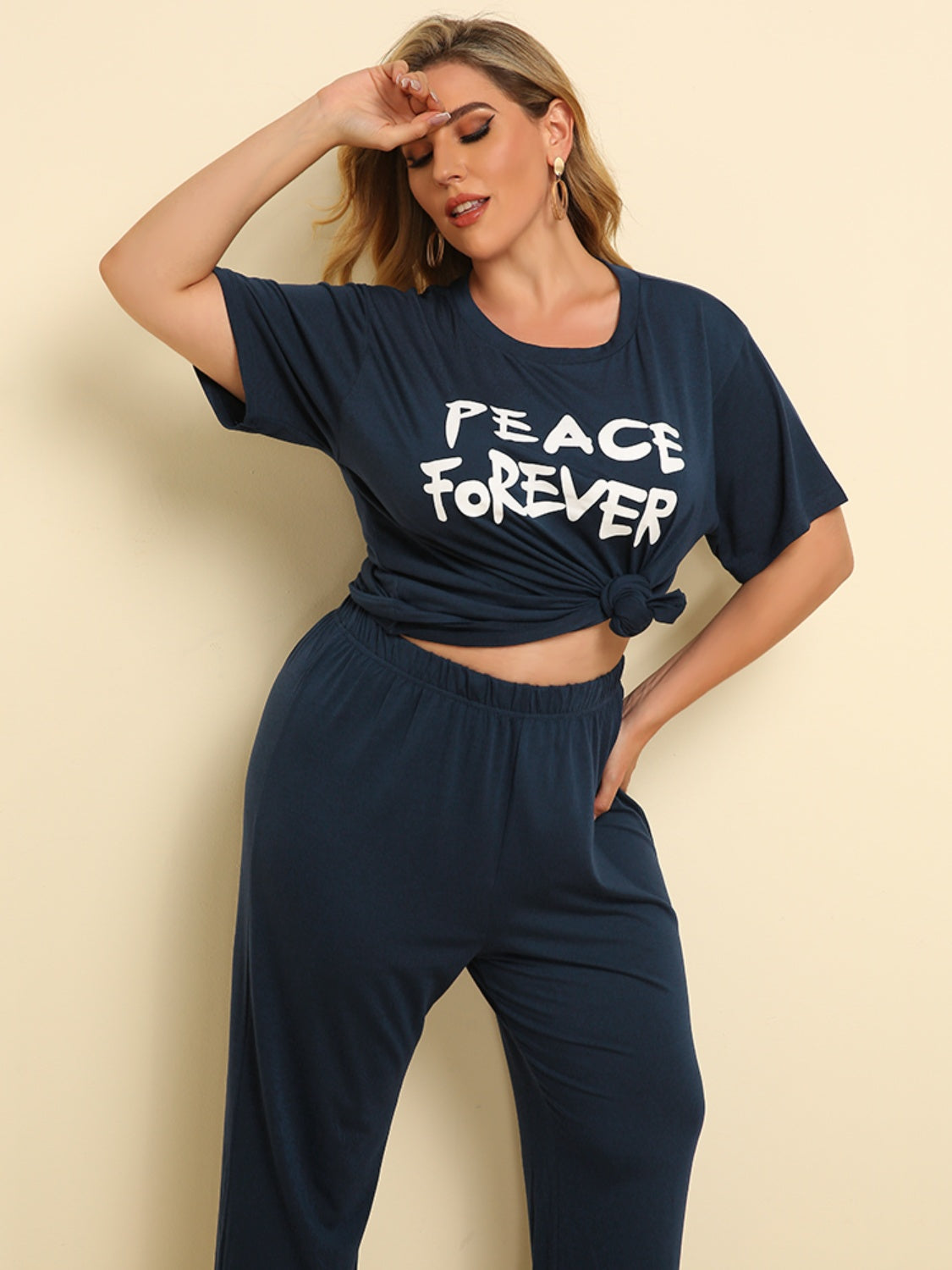 Plus Size PEACE FOREVER Short Sleeve Top and Pants Set-Jewearrings