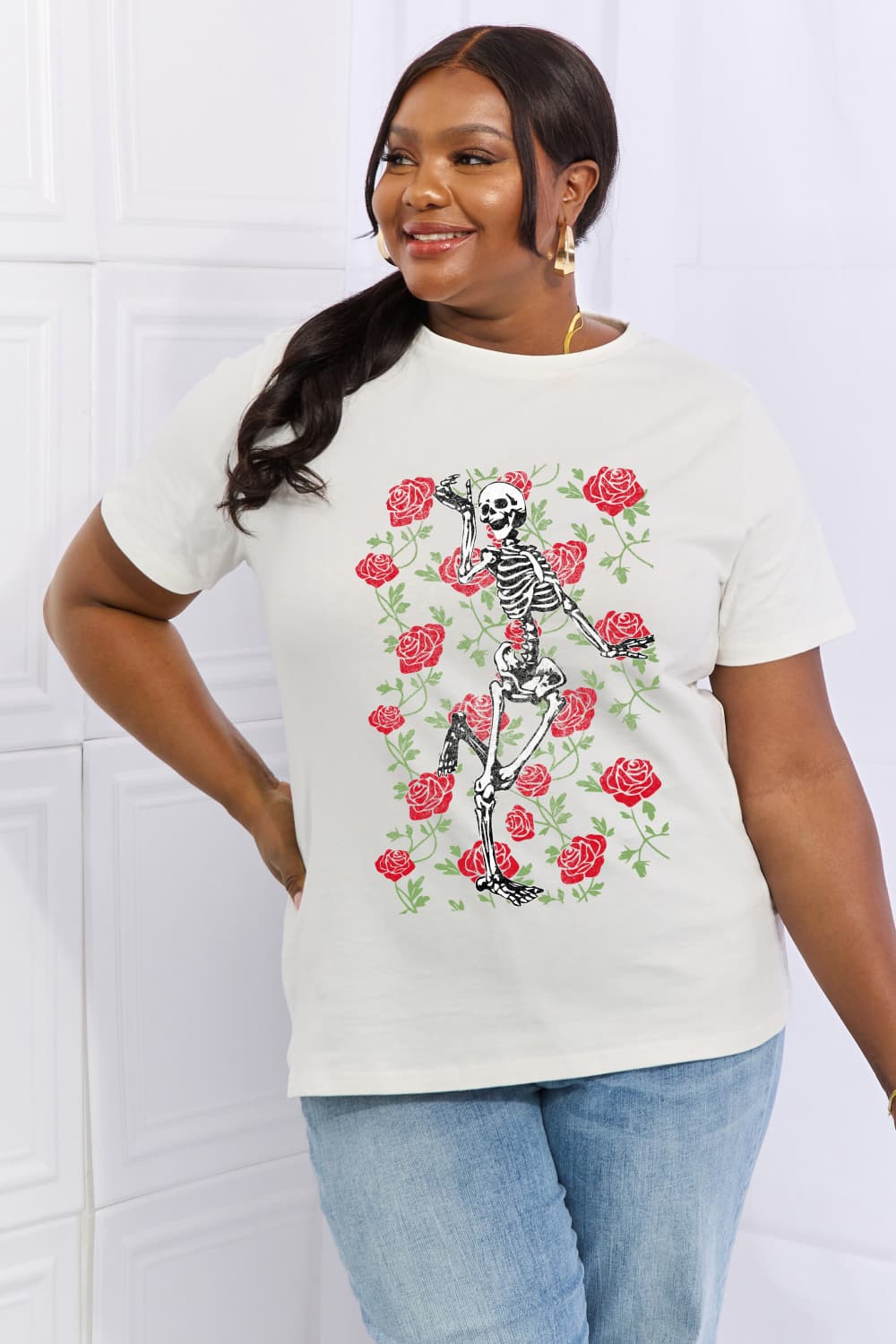 Simply Love Full Size Skeleton & Rose Graphic Cotton Tee-Jewearrings