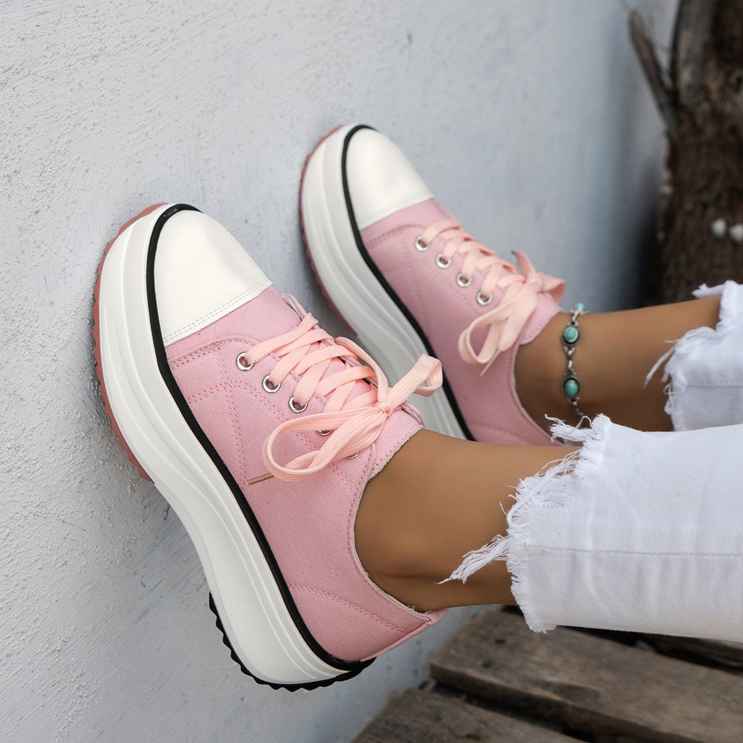 Contrast Trim Round Toe Platform Canvas Sneakers-Jewearrings