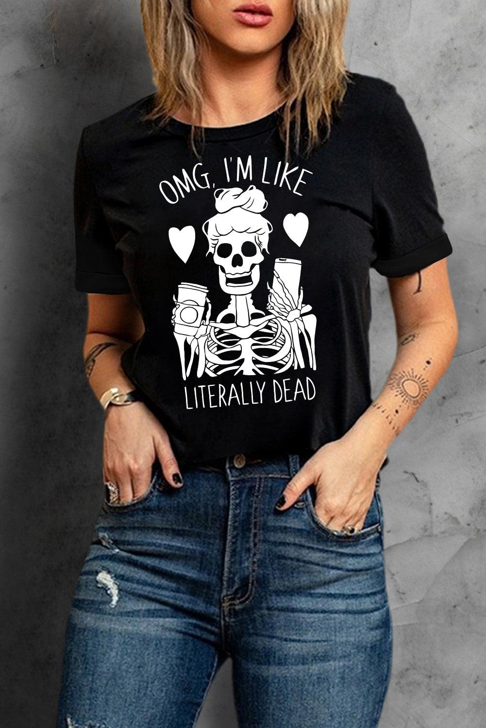 Halloween Skeleton Graphic Round Neck Tee-Jewearrings