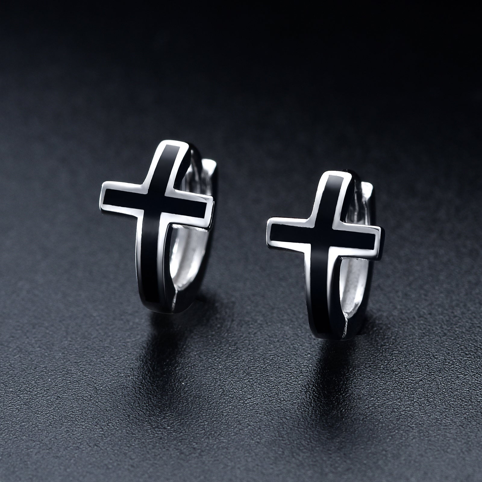 Black Cross Huggie Earrings in Sterling Silver Unisex Hoops-Jewearrings