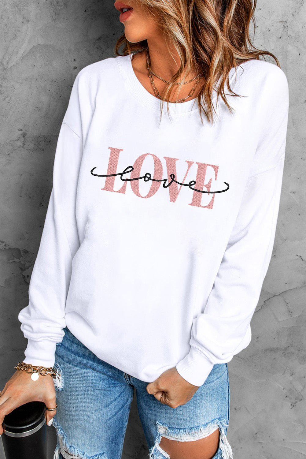 LOVE Round Neck Dropped Shoulder Sweatshirt-Jewearrings