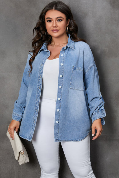 Plus Size Button Up Pocketed Denim Top-Jewearrings