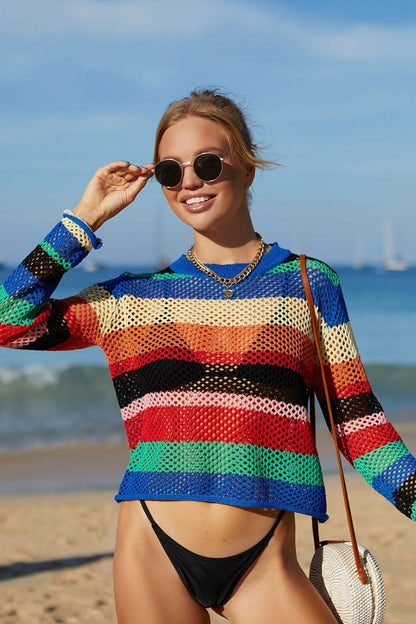 Rainbow Stripe Openwork Long Sleeve Cover-Up-Jewearrings