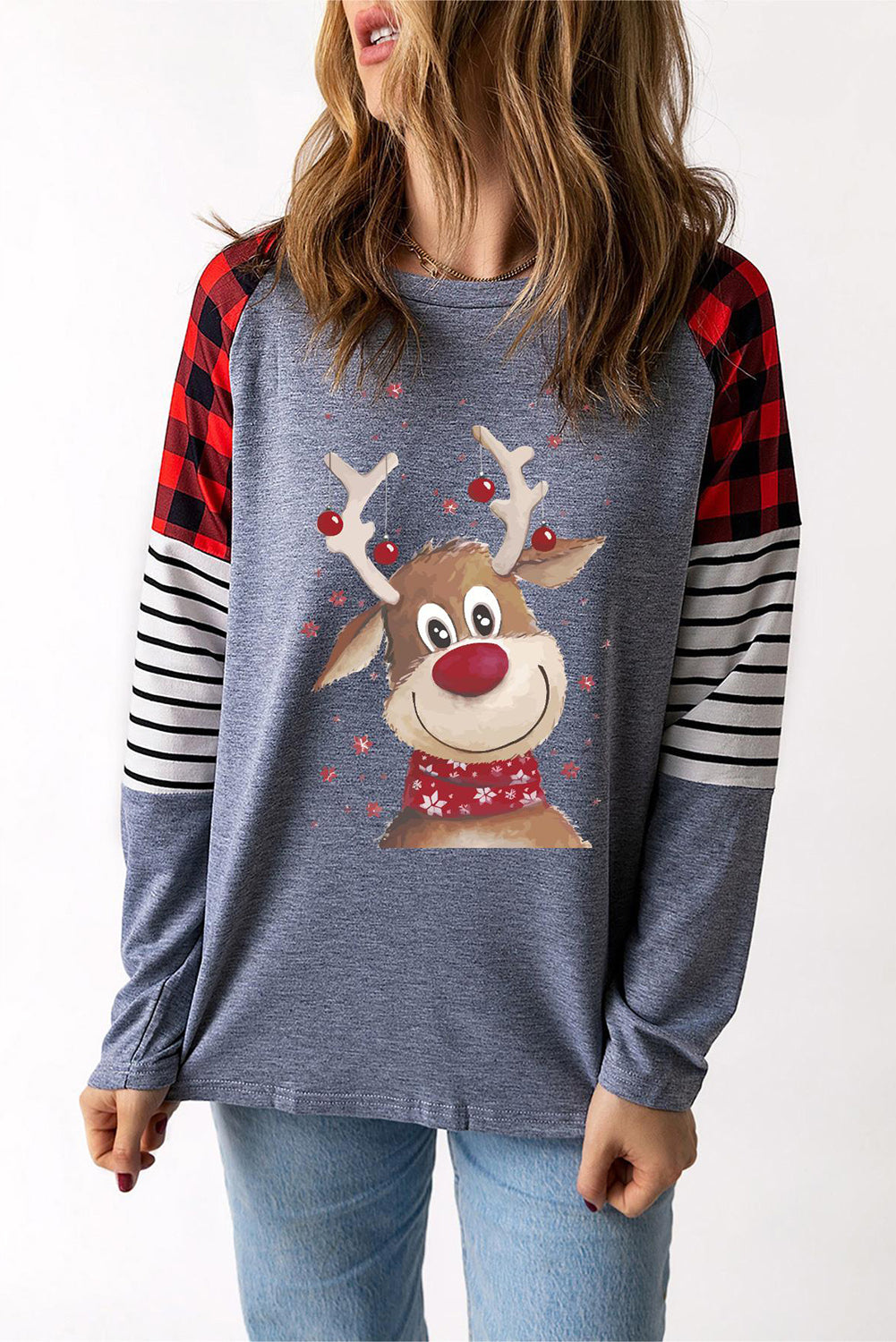 Reindeer Graphic Round Neck Sweatshirt-Jewearrings