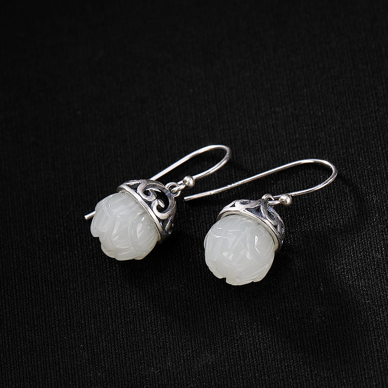 Sterling Silver Natural Hetian Jade Lotus Shape Earrings-Jewearrings