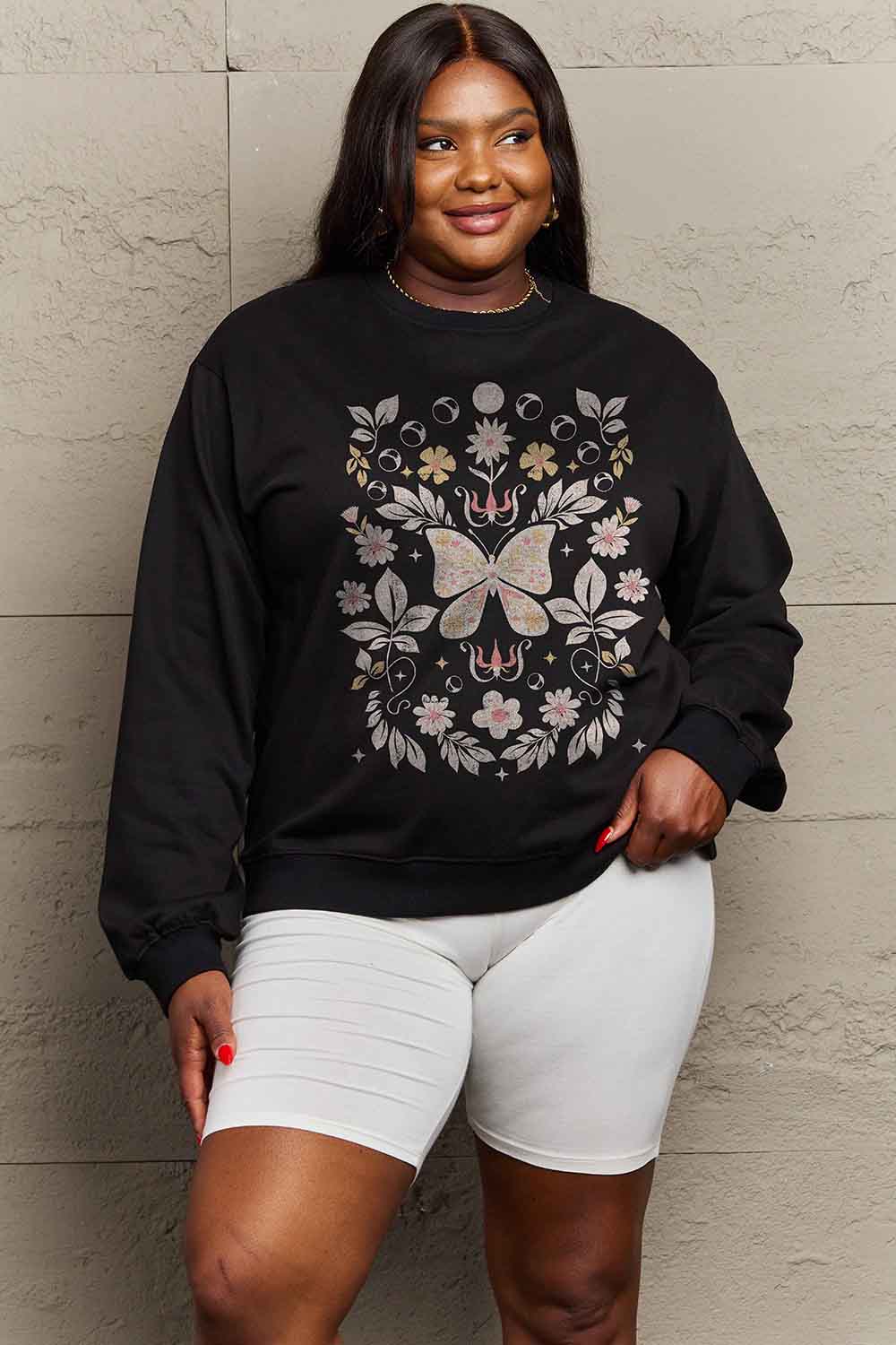 Simply Love Simply Love Full Size Flower and Butterfly Graphic Sweatshirt-Jewearrings