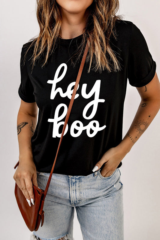 HEY BOO Graphic Round Neck T-Shirt-Jewearrings