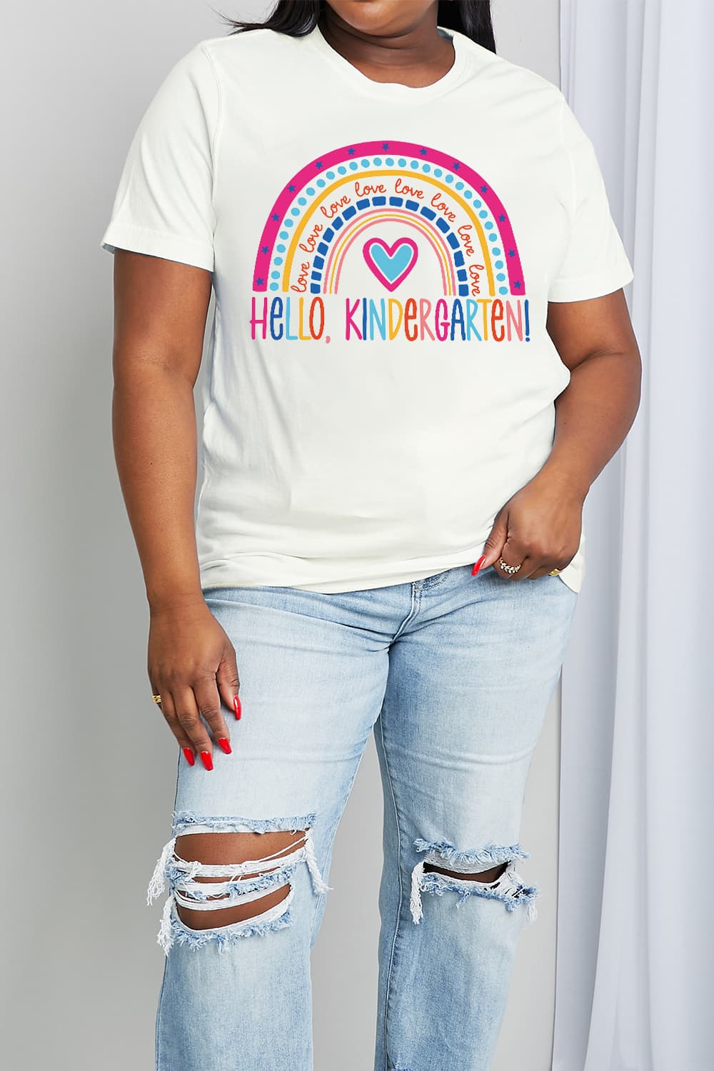 Simply Love Full Size LOVE HELLO KINDERGARTEN Rainbow Graphic Cotton Tee-Jewearrings