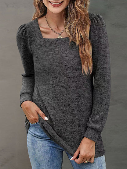 Heathered Square Neck Long Sleeve T-Shirt-Jewearrings