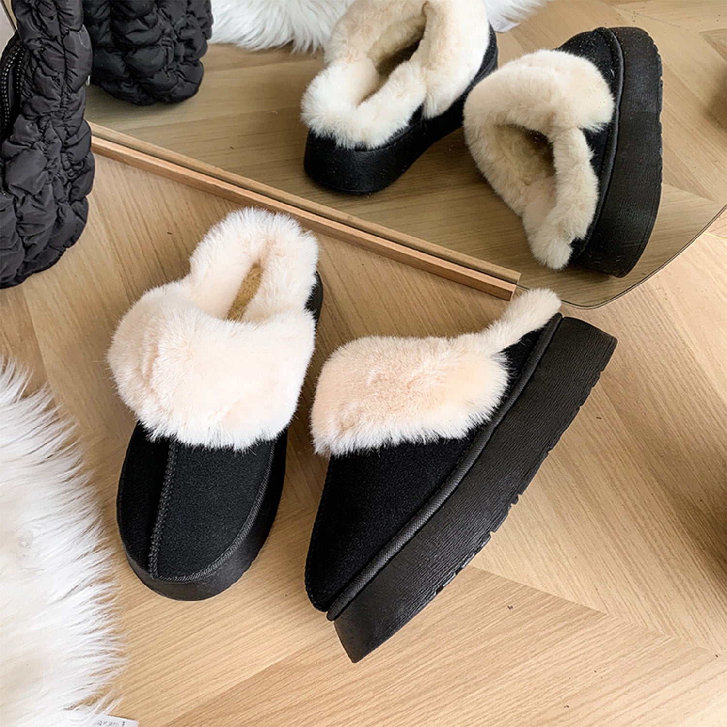 Furry Chunky Platform Slippers-Jewearrings