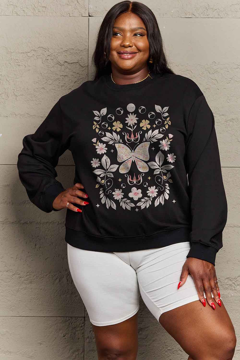 Simply Love Simply Love Full Size Flower and Butterfly Graphic Sweatshirt-Jewearrings