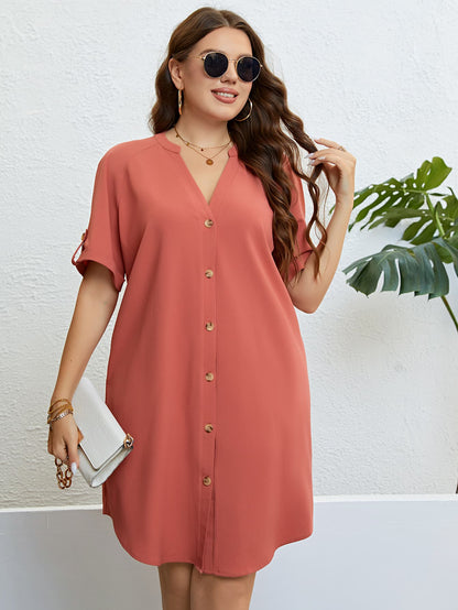 Plus Size Buttoned Notched Neck Shift Dress-Jewearrings