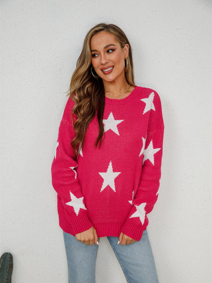 Star Round Neck Dropped Shoulder Sweater-Jewearrings