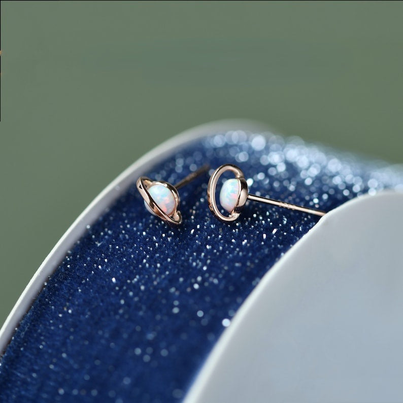 Minimalist White Fire Opal Planet Stud Earrings-Jewearrings