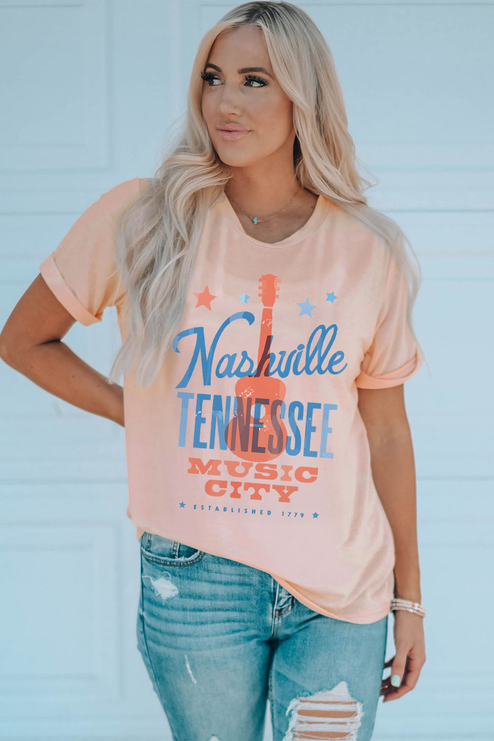 NASHVILLE TENNESSEE MUSIC CITY Cuffed Short Sleeve Tee-Jewearrings