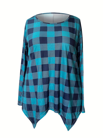 Plus Size Plaid Round Neck T-Shirt-Jewearrings