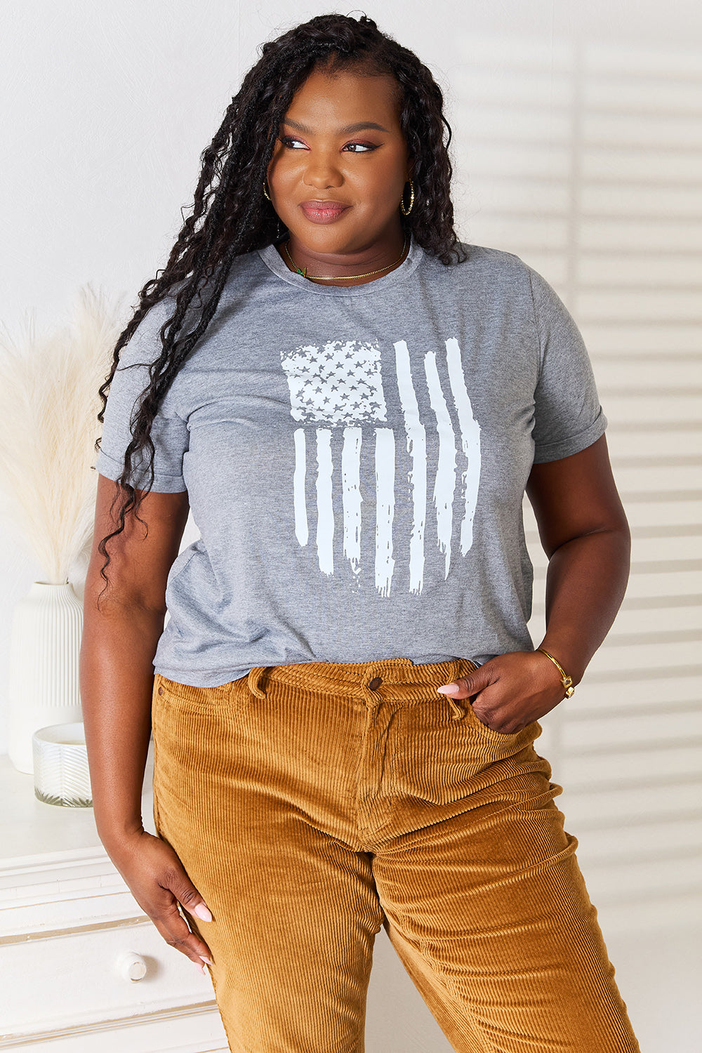 Simply Love US Flag Graphic Cuffed Sleeve T-Shirt-Jewearrings