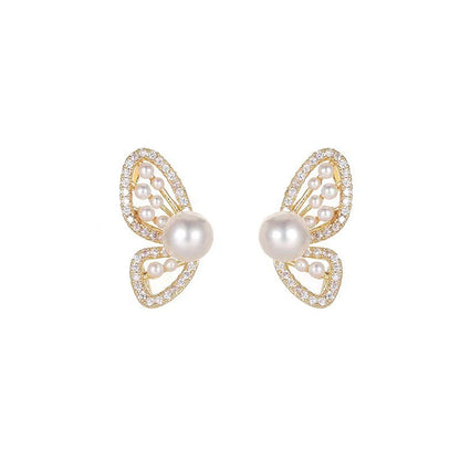 Women's Fashion Simple Sterling Silver Imitation Pearl Butterfly Earrings-Jewearrings