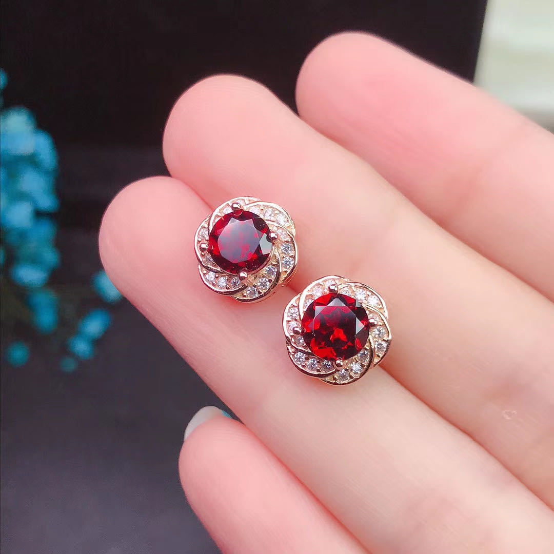 Garnet Stud Earrings 925 Silver Inlaid Colored Gems Jewelry-Jewearrings