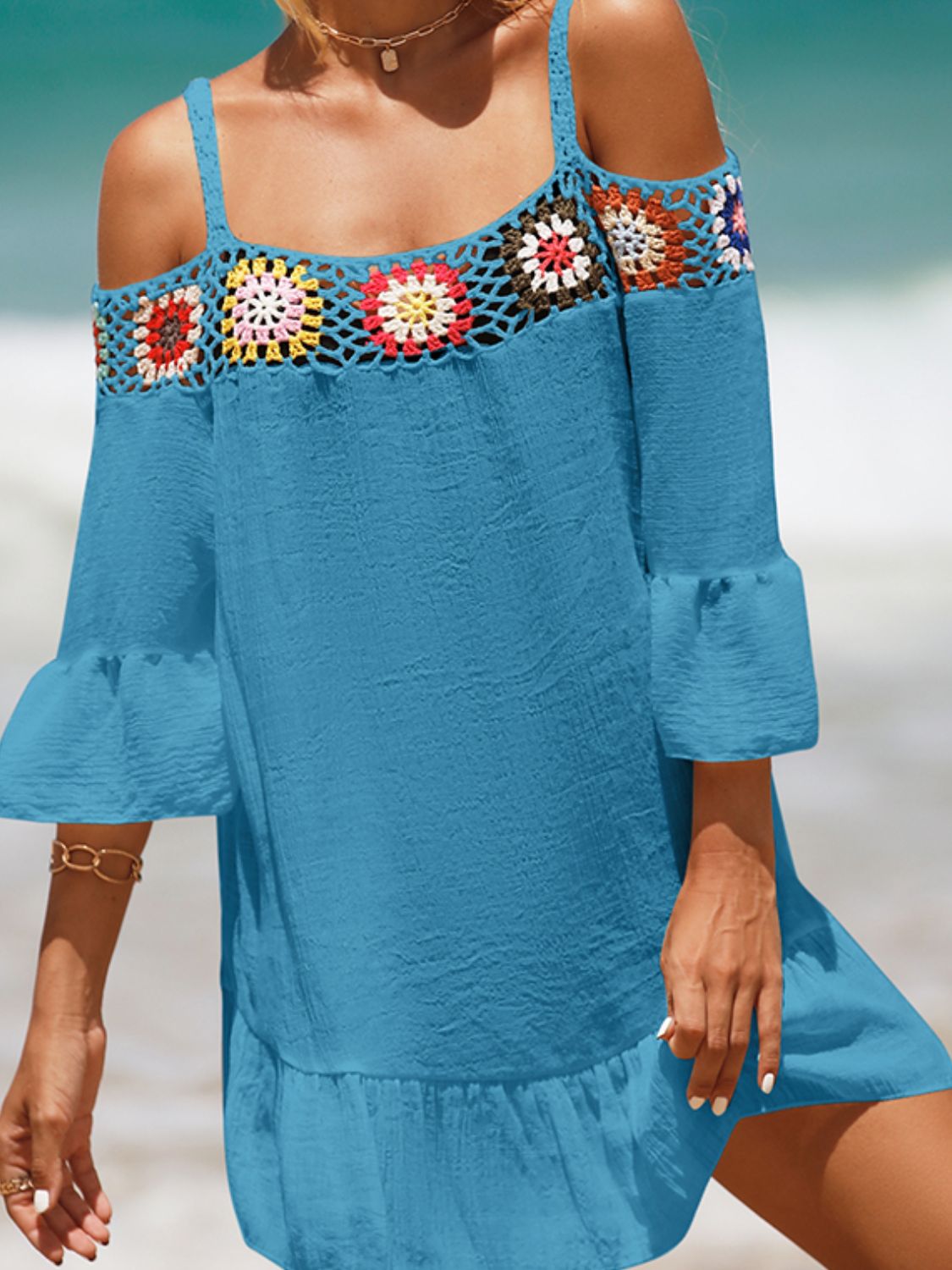 Crochet Cold Shoulder Three-Quarter Sleeve Cover Up-Jewearrings