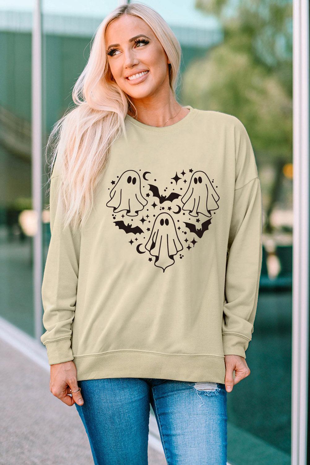 Round Neck Dropped Shoulder Ghost Graphic Sweatshirt-Jewearrings