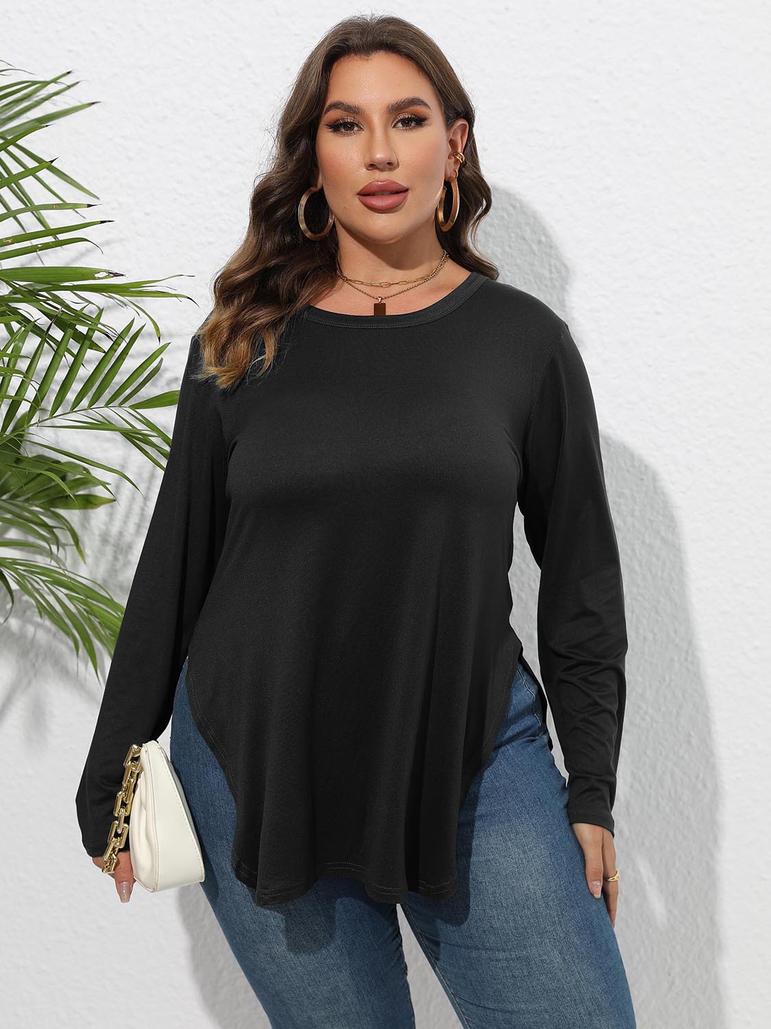 Plus Size Round Neck Long Sleeve Slit T-Shirt-Jewearrings