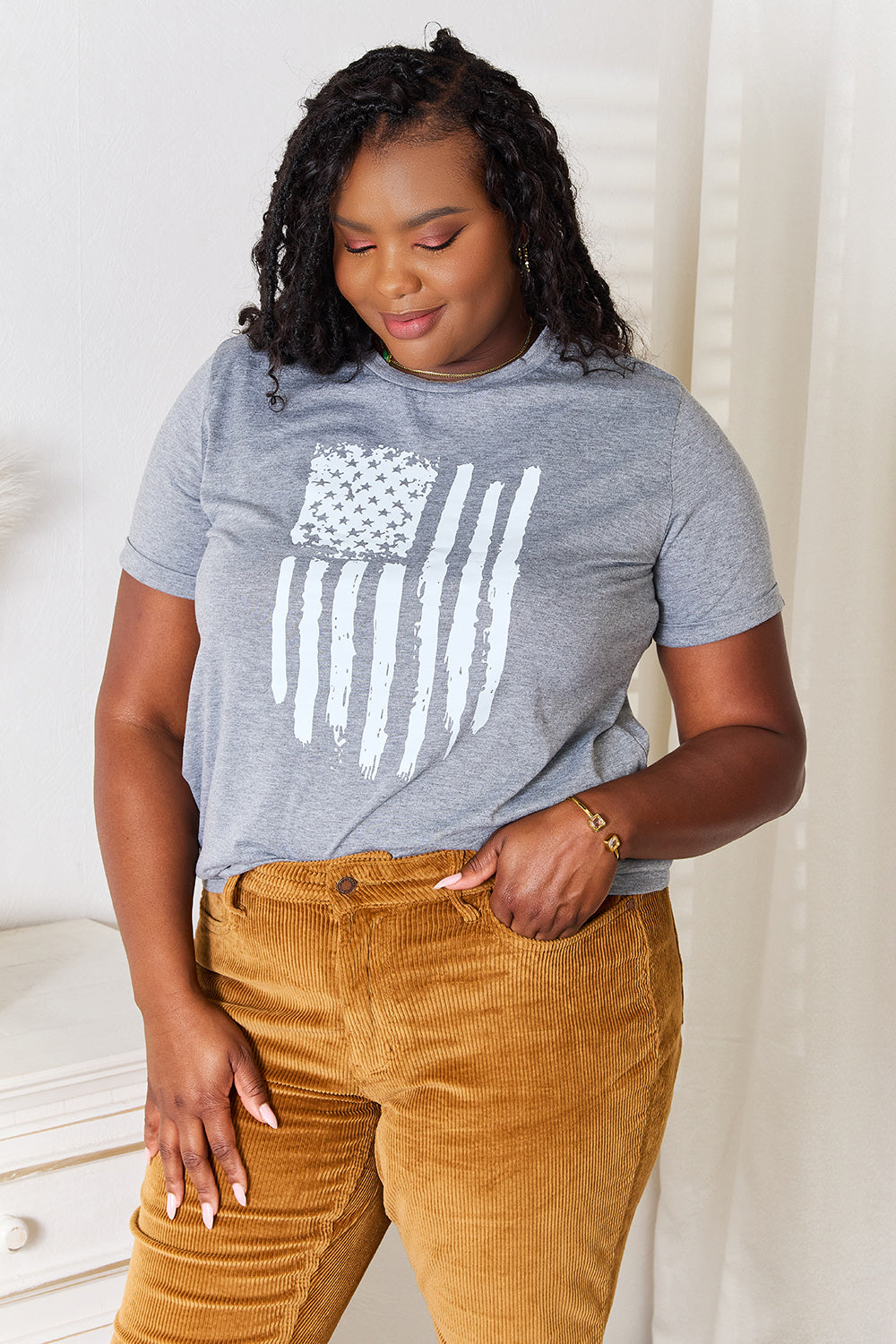 Simply Love US Flag Graphic Cuffed Sleeve T-Shirt-Jewearrings