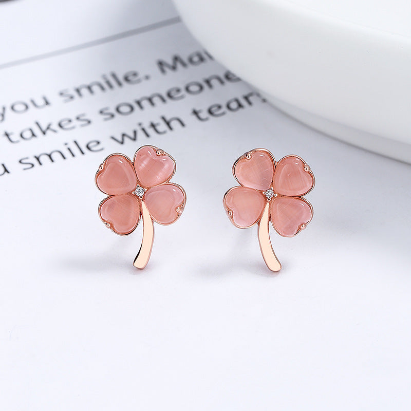 Simple 925 Sterling Silver Lucky Four-leaf Clover Stud Earrings-Jewearrings