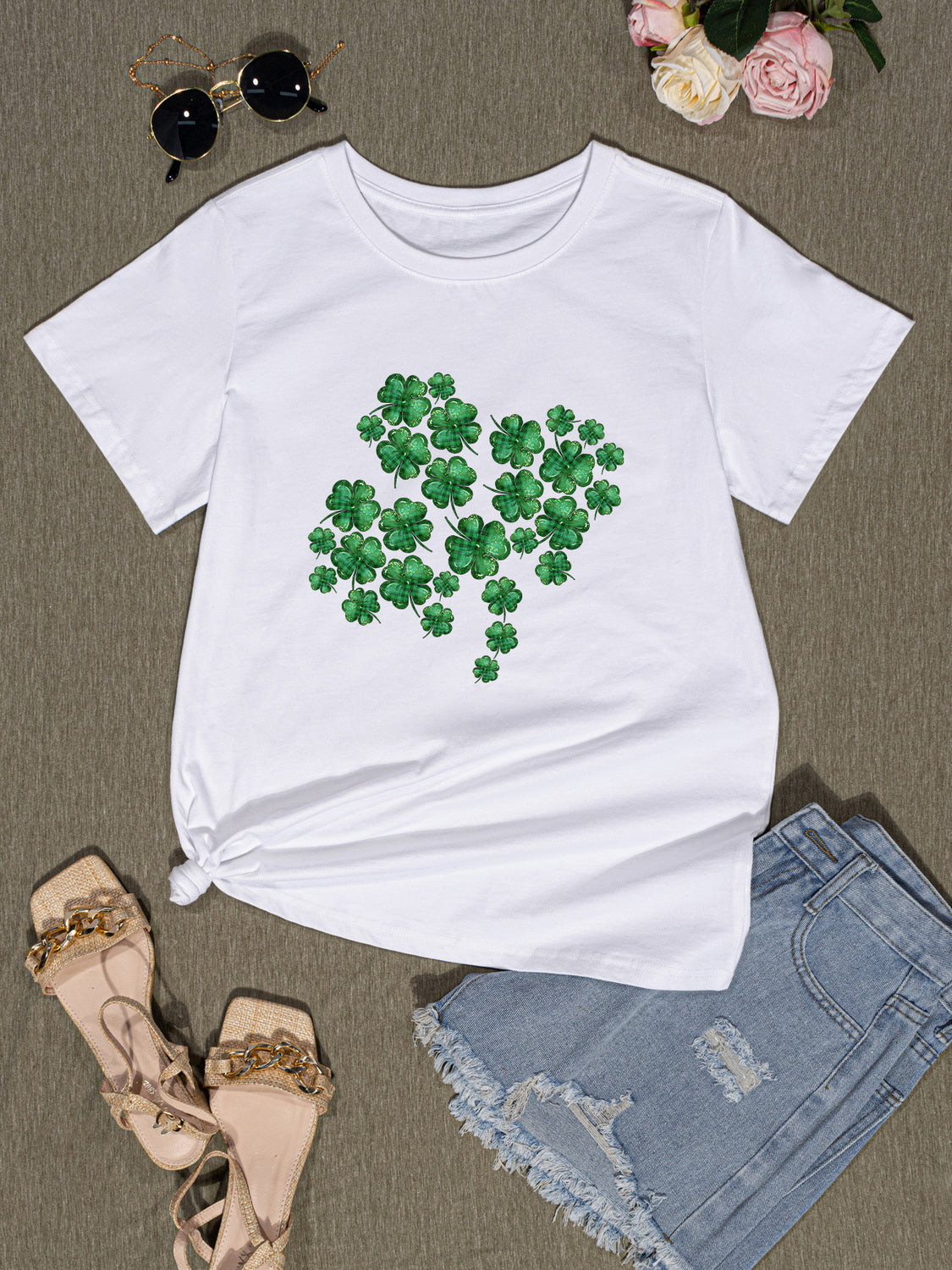 Lucky Clover Round Neck T-Shirt-Jewearrings