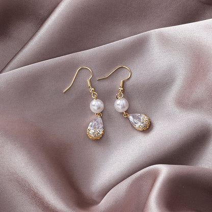 Simple Retro Cropped Pearl Zircon Drop Earrings-Jewearrings