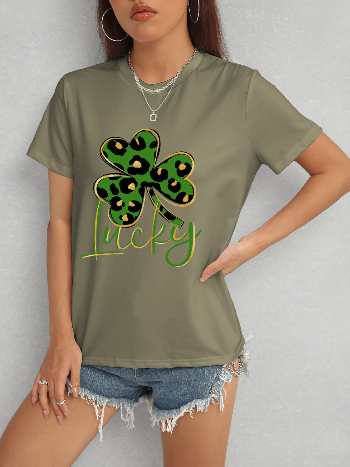 Lucky Clover Round Neck Short Sleeve T-Shirt-Jewearrings